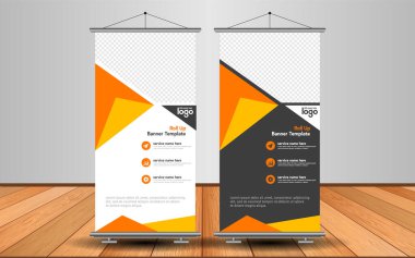 Modern Roll Up Banner. Renkli arkaplanlı vektör şablonu tasarımı tanıtılıyor. Grafik ögesi.