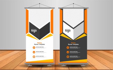 Modern Roll Up Banner. Renkli arkaplanlı vektör şablonu tasarımı tanıtılıyor. Grafik ögesi.