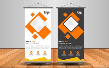 Modern Roll Up Banner. Renkli arkaplanlı vektör şablonu tasarımı tanıtılıyor. Grafik ögesi.