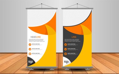 Modern Roll Up Banner. Renkli arkaplanlı vektör şablonu tasarımı tanıtılıyor. Grafik ögesi.