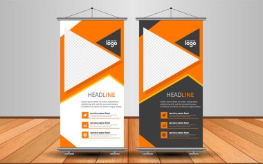 Modern Roll Up Banner. Renkli arkaplanlı vektör şablonu tasarımı tanıtılıyor. Grafik ögesi.