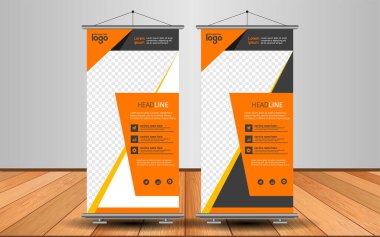 Modern Roll Up Banner. Renkli arkaplanlı vektör şablonu tasarımı tanıtılıyor. Grafik ögesi.