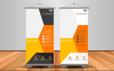 Modern Roll Up Banner. Renkli arkaplanlı vektör şablonu tasarımı tanıtılıyor. Grafik ögesi.