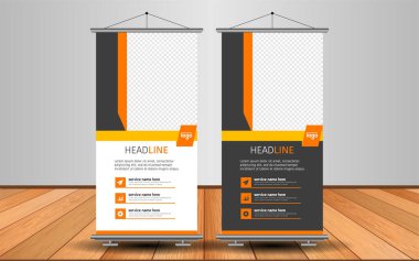 Modern Roll Up Banner. Renkli arkaplanlı vektör şablonu tasarımı tanıtılıyor. Grafik ögesi.