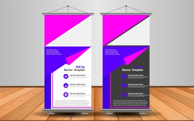 Modern Roll Up Banner. Renkli arkaplanlı vektör şablonu tasarımı tanıtılıyor. Grafik ögesi.