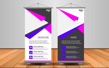 Modern Roll Up Banner. Renkli arkaplanlı vektör şablonu tasarımı tanıtılıyor. Grafik ögesi.