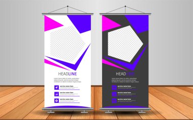 Modern Roll Up Banner. Renkli arkaplanlı vektör şablonu tasarımı tanıtılıyor. Grafik ögesi.
