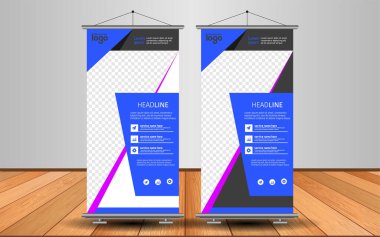 Modern Roll Up Banner. Renkli arkaplanlı vektör şablonu tasarımı tanıtılıyor. Grafik ögesi.