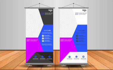 Modern Roll Up Banner. Renkli arkaplanlı vektör şablonu tasarımı tanıtılıyor. Grafik ögesi.