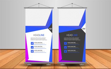 Modern Roll Up Banner. Renkli arkaplanlı vektör şablonu tasarımı tanıtılıyor. Grafik ögesi.