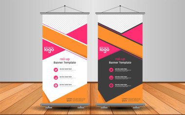 Modern Roll Up Banner. Renkli arkaplanlı vektör şablonu tasarımı tanıtılıyor. Grafik ögesi.