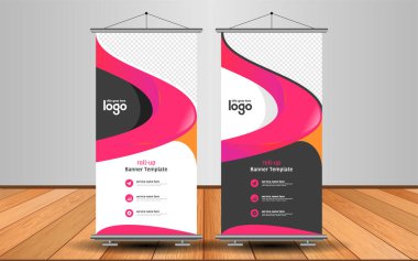 Modern Roll Up Banner. Renkli arkaplanlı vektör şablonu tasarımı tanıtılıyor. Grafik ögesi.