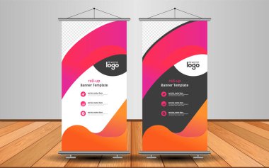 Modern Roll Up Banner. Renkli arkaplanlı vektör şablonu tasarımı tanıtılıyor. Grafik ögesi.