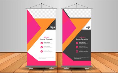 Modern Roll Up Banner. Renkli arkaplanlı vektör şablonu tasarımı tanıtılıyor. Grafik ögesi.