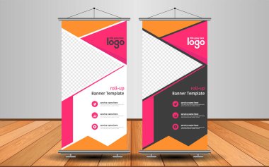 Modern Roll Up Banner. Renkli arkaplanlı vektör şablonu tasarımı tanıtılıyor. Grafik ögesi.