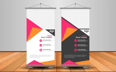 Modern Roll Up Banner. Renkli arkaplanlı vektör şablonu tasarımı tanıtılıyor. Grafik ögesi.