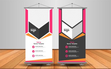 Modern Roll Up Banner. Renkli arkaplanlı vektör şablonu tasarımı tanıtılıyor. Grafik ögesi.