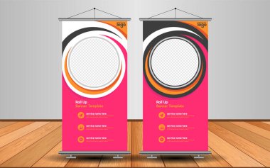 Modern Roll Up Banner. Renkli arkaplanlı vektör şablonu tasarımı tanıtılıyor. Grafik ögesi.