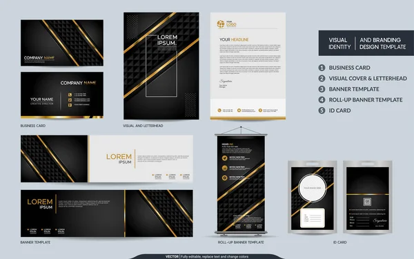 Luxe Zwart Goud Briefpapier Mock Set Visuele Merkidentiteit Met Abstracte — Stockvector