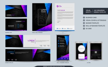 Mavi ve mor kırtasiyeli modern siyah model ve görsel marka seti. Vektör illüstrasyonu markalaşma, arkaplan, kapak, kart, ürün, olay, afiş, web sitesi için modelleme.