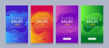 Dinamik şekilli flaş satışı afişleri için modern renkli reklam afişleri. Satış afişi şablonu tasarımı, Flash indirimi özel teklif seti. Grafik illüstrasyon
