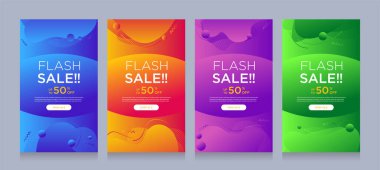 Dinamik şekilli flaş satışı afişleri için modern renkli reklam afişleri. Satış afişi şablonu tasarımı, Flash indirimi özel teklif seti. Grafik illüstrasyon