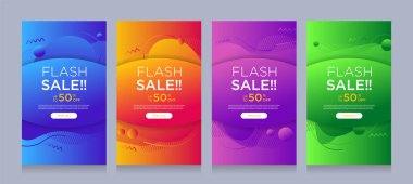 Dinamik şekilli flaş satışı afişleri için modern renkli reklam afişleri. Satış afişi şablonu tasarımı, Flash indirimi özel teklif seti. Grafik illüstrasyon