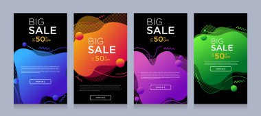 Dinamik şekilli flaş satışı afişleri için modern renkli reklam afişleri. Satış afişi şablonu tasarımı, Flash indirimi özel teklif seti. Grafik illüstrasyon