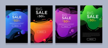 Dinamik şekilli flaş satışı afişleri için modern renkli reklam afişleri. Satış afişi şablonu tasarımı, Flash indirimi özel teklif seti. Grafik illüstrasyon
