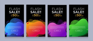 Dinamik şekilli flaş satışı afişleri için modern renkli reklam afişleri. Satış afişi şablonu tasarımı, Flash indirimi özel teklif seti. Grafik illüstrasyon