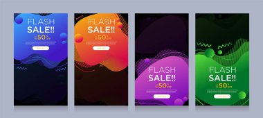 Dinamik şekilli flaş satışı afişleri için modern renkli reklam afişleri. Satış afişi şablonu tasarımı, Flash indirimi özel teklif seti. Grafik illüstrasyon
