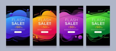 Dinamik şekilli flaş satışı afişleri için modern renkli reklam afişleri. Satış afişi şablonu tasarımı, Flash indirimi özel teklif seti. Grafik illüstrasyon