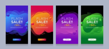 Dinamik şekilli flaş satışı afişleri için modern renkli reklam afişleri. Satış afişi şablonu tasarımı, Flash indirimi özel teklif seti. Grafik illüstrasyon