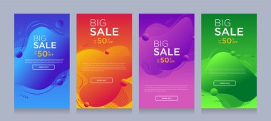 Dinamik şekilli flaş satışı afişleri için modern renkli reklam afişleri. Satış afişi şablonu tasarımı, Flash indirimi özel teklif seti. Grafik illüstrasyon