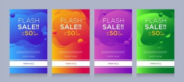 Dinamik şekilli flaş satışı afişleri için modern renkli reklam afişleri. Satış afişi şablonu tasarımı, Flash indirimi özel teklif seti. Grafik illüstrasyon