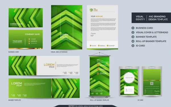 Moderna Dinámica Papelería Verde Colorido Maqueta Conjunto Identidad Marca Visual — Vector de stock