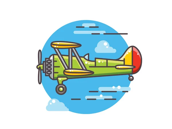 Ilustración de un avión de tornillo verde. Vuela en el cielo — Vector de stock