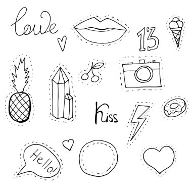 Beyaz arka plan üzerinde ayarla ilginç moda yamalar.