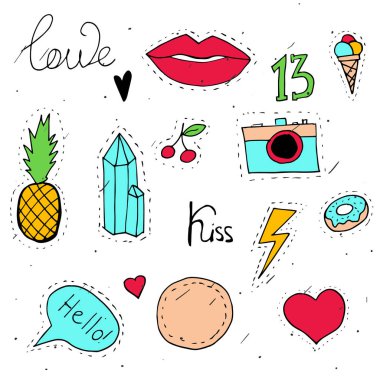 Beyaz arka plan üzerinde ayarla ilginç moda yamalar. 