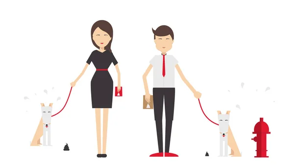Joven hombre y mujer paseando a un perro — Vector de stock