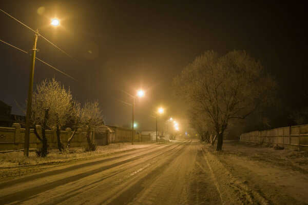 Зима в деревне. Ночная съемка дороги с фонарями
