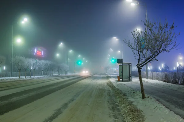 Wintry, snowy city in the fog. City Lights