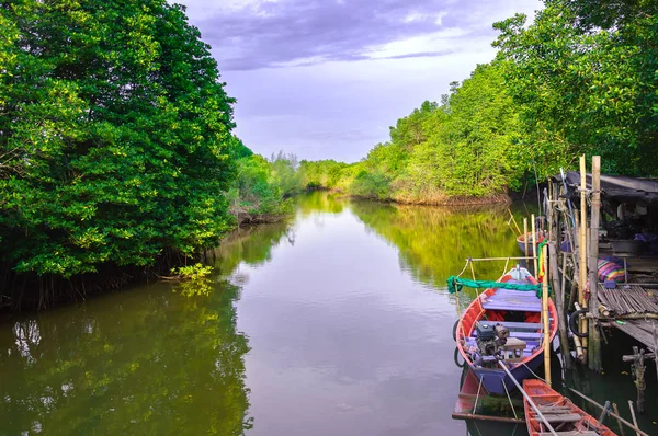 Modo Vida Das Aldeias Longo Canal Perto Floresta Mangue — Fotografia de Stock