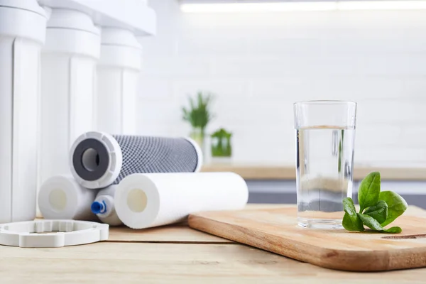 Glass of clean water with osmosis filter, green leaves and cartridges in kitchen . Concept Household filtration system. — Stock Photo, Image