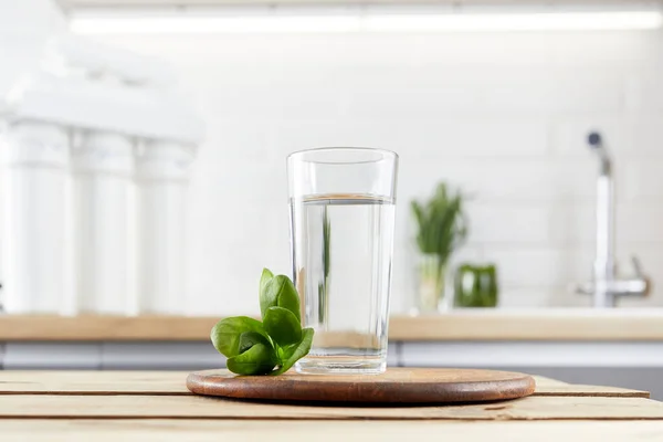 Glas Schoon Water Met Osmose Filter Groene Bladeren Een Houten — Stockfoto