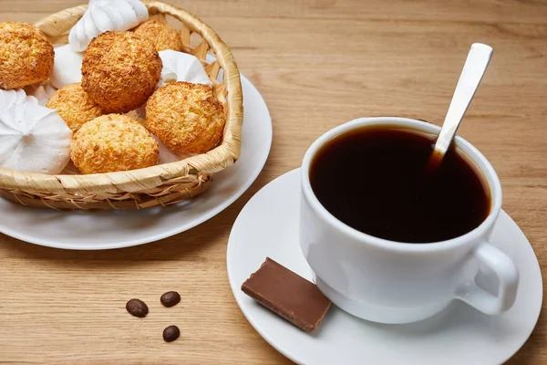 hot coffee put on table, drink breakfast in morning day