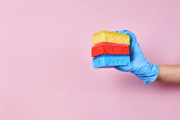 Hand Blue Rubber Protective Glove Holding Different Yellow Green Red — Stock fotografie