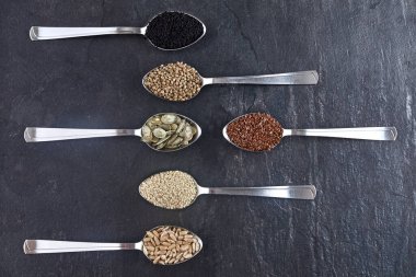 Koyu arkaplanda çeşitli tohumlar var. Tohum seti: susam, ayçiçeği, balkabağı, keten, kenevir, kaşıkta siyah kimyon. en üstteki görünüm