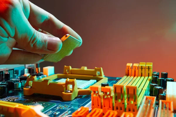 Ingeniero Reparador Celebración Cpu Chip Para Insertar Zócalo Placa Base —  Fotos de Stock