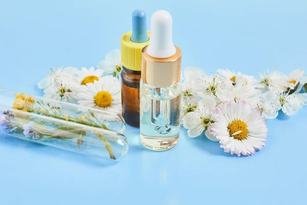Naturlig Kosmetika Med Växtbaserade Ingredienser Hud Och Kroppsvårdsserum Med Blommor — Stockfoto